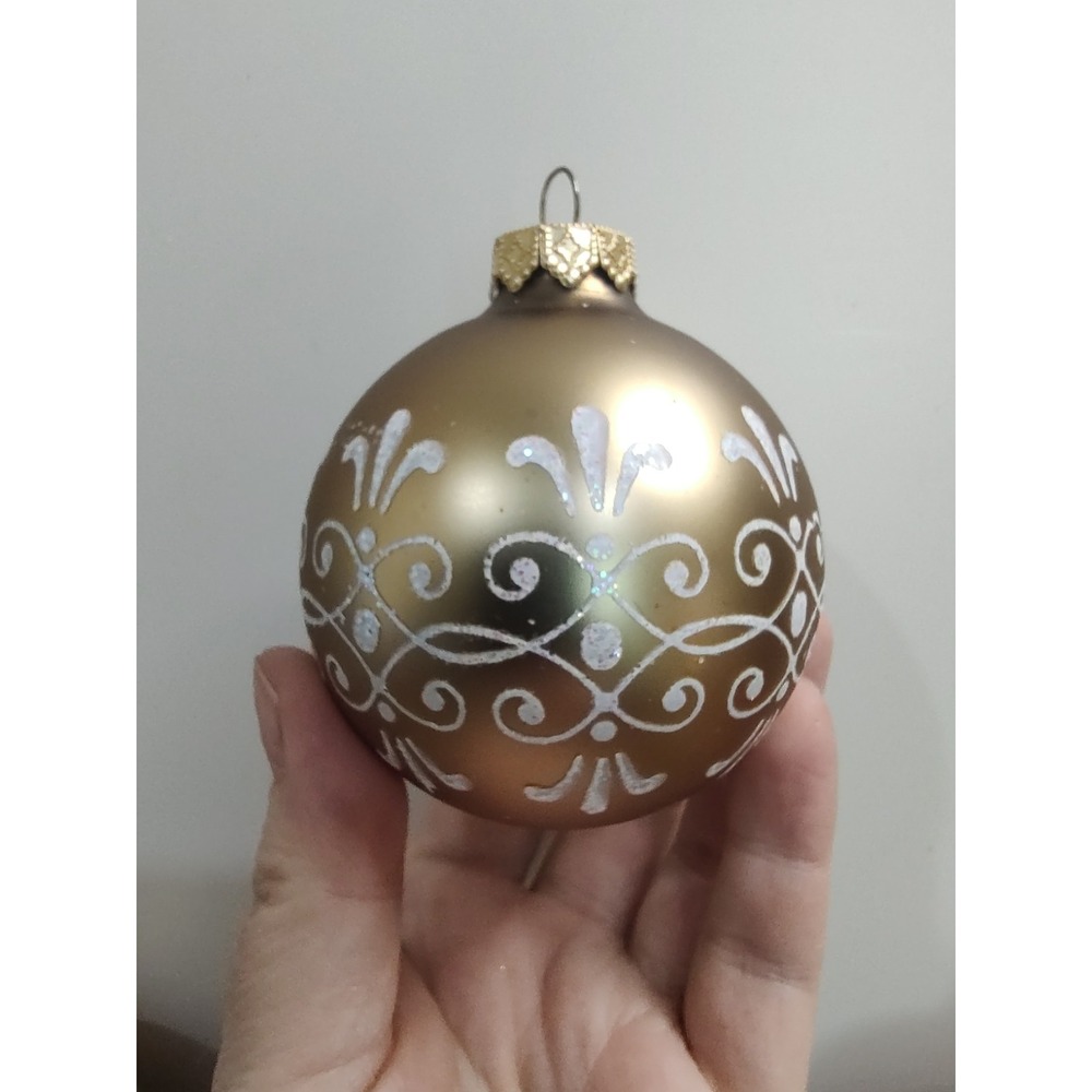 VTG HD Dark Gold Glass Ball Christmas Ornament Lot Of 3 Glitter Design B1